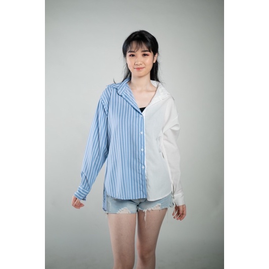 atasan kemeja casual wanita / kemeja salur Ld 110/ kemeja katun stripe