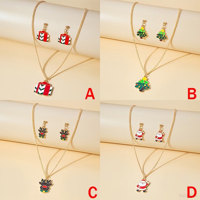 Set Perhiasan Kalung Dan Anting Motif Kartun Rusa Untuk Hadiah Natal