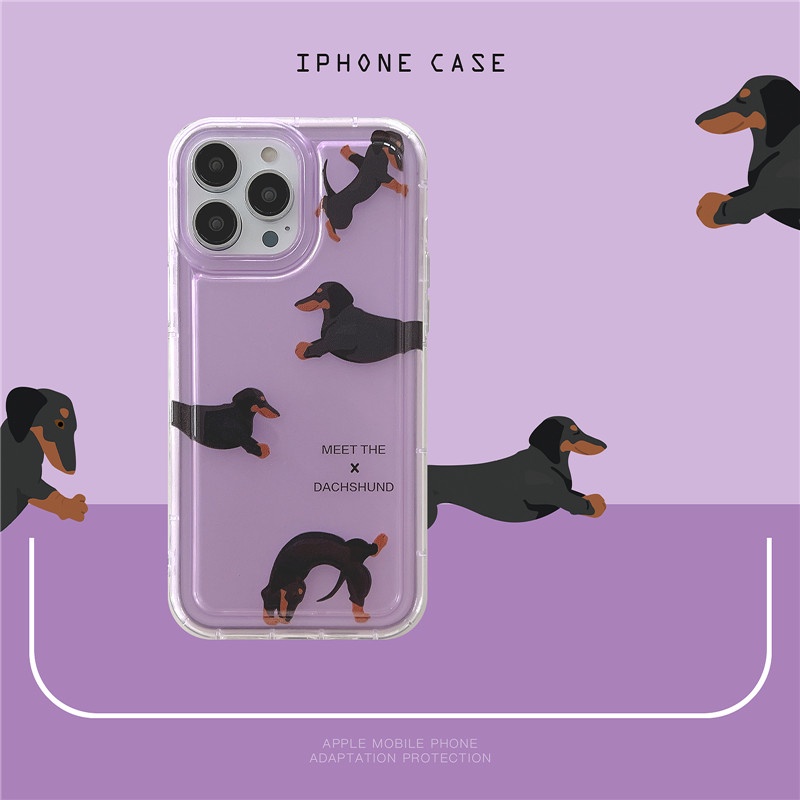 Casing Soft Case TPU Transparan Motif dachshund Ungu Untuk IPhone 14 13 12 11 Pro Max Plus