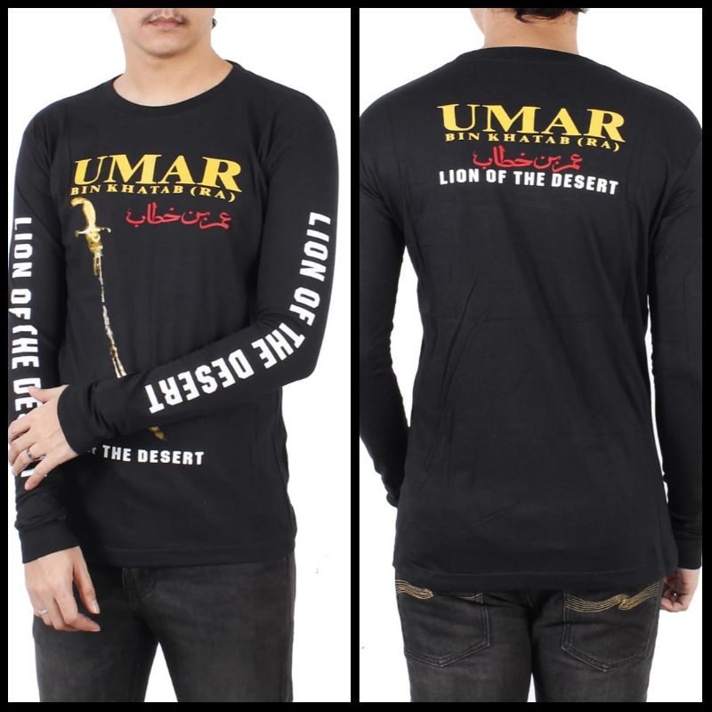 Kaos dakwah islami Umar bin Khattab tangan panjang hitam terpopuler