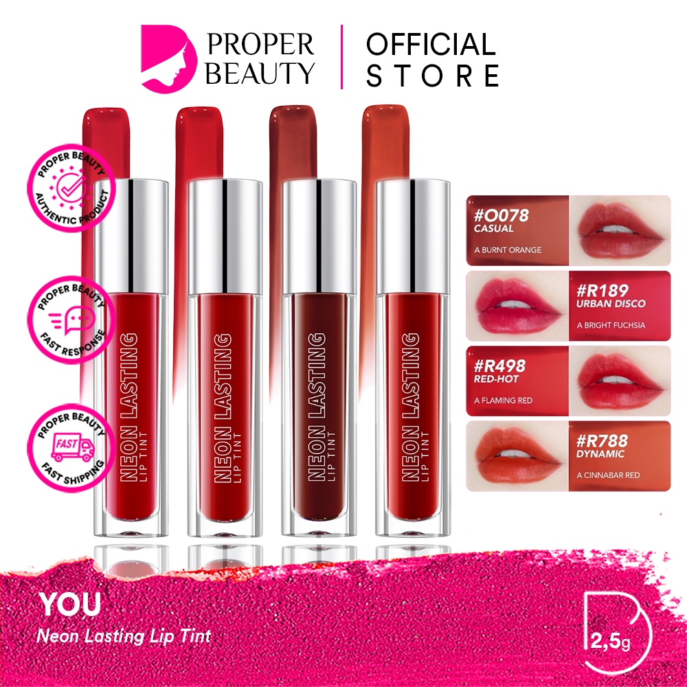 YOU Neon Lasting Lip Tint Indonesia / 2.5g / Long Lasting 12H Easy Application Moisturizing Lip Stain Casual Dynamic Urban Disco Red Hot / Lipstick Lips Stain Matte Velvet Clay Cream Serum Balm / Kosmetik Bibir Cosmetic Makeup Face Make Up / Y.O.U Series