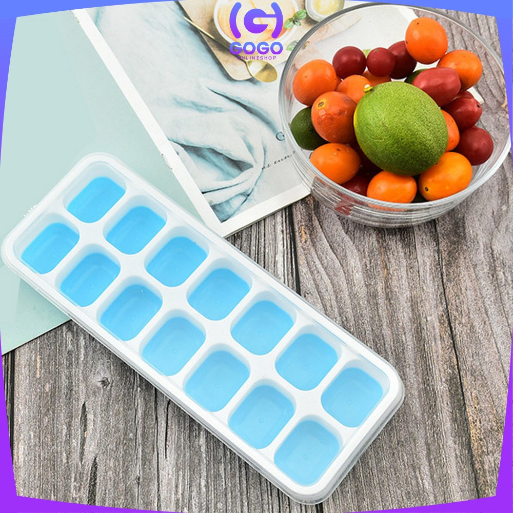 GOGO-C532 Cetakan Es Batu Dengan Tutup Bentuk Kotak Bahan Silikon Serbaguna / Ice Cube Tray 14 Slot / Cetakan Coklat Pudding Jelly