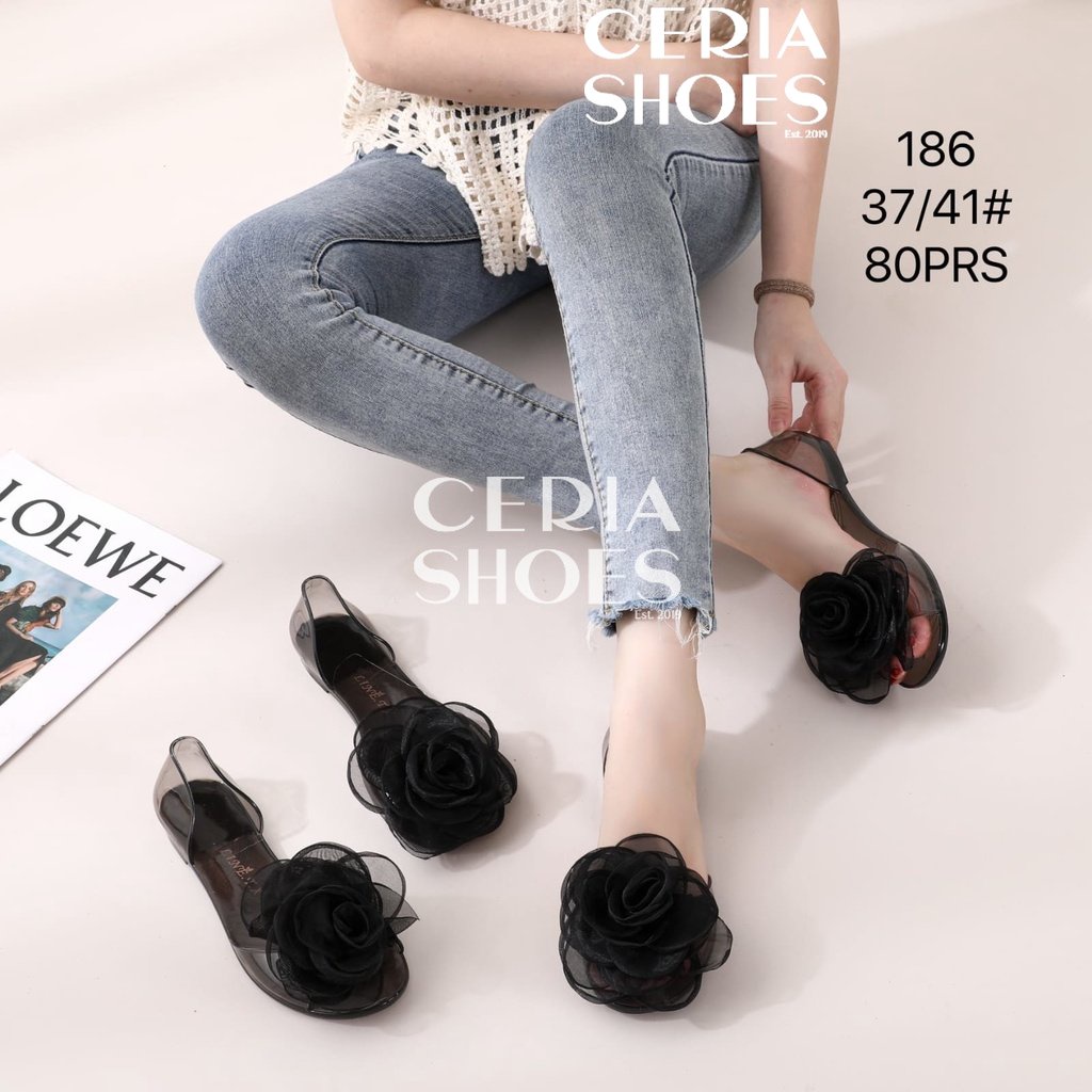 Sepatu Jelly Flat Teplek Bunga Import Karet Non-Slip Lentur Elastis 186 Sandal Kaca