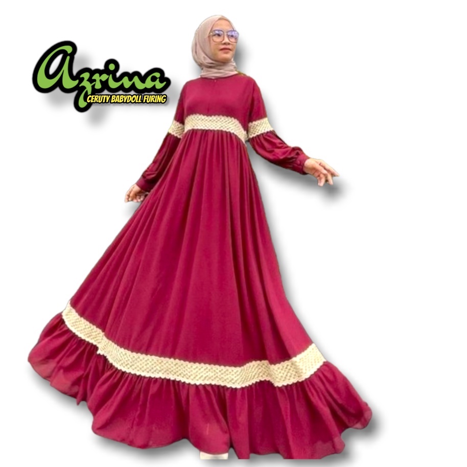 Baju Gamis Azrina Warna Merah Maron Dress Ceruty Jumbo Ukuran M-4XL Gamis Lebaran Model Terbaru 2022