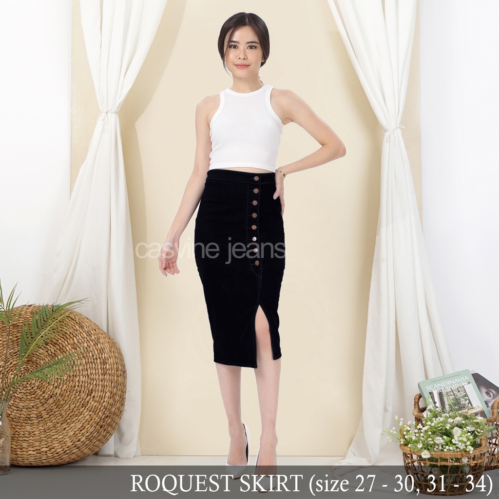 Rok Jeans Wanita Cewek Stretch Kancing 8 Roquest Skirt Ada Bigsize Jumbo