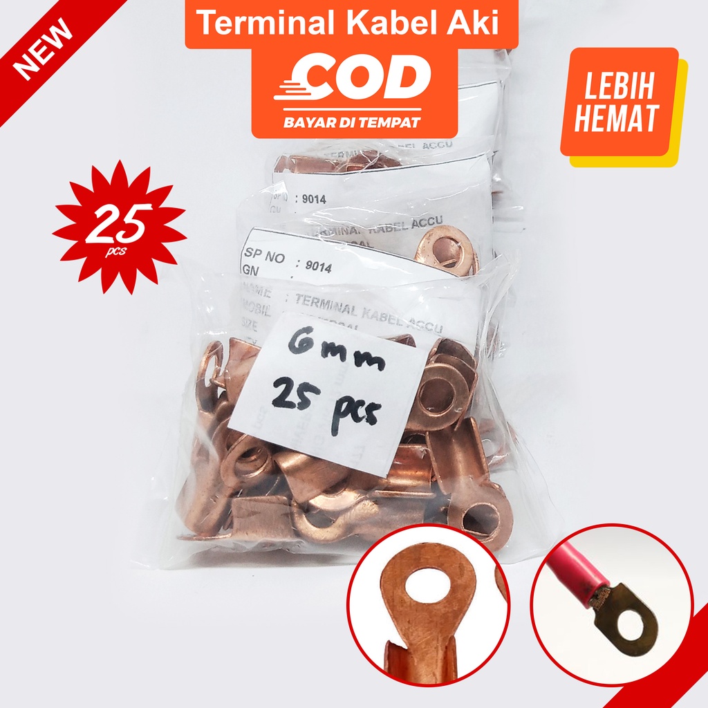 Skun Terminal Kabel Aki 6 mm 25 PCS Sekun Mata Ayam Tembaga skun massa masa ring ot bulat skun bulat