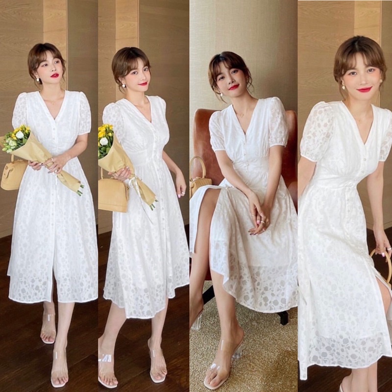 D0944 JOYA KOREAN STYLE FLORAL VINTAGE MIDI DRESS BUSUI BUMIL POLOS PUTIH PANTAI