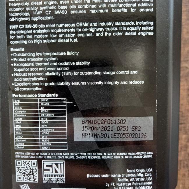 BARDAHL 5W30 HVP C7 DIESEL OIL