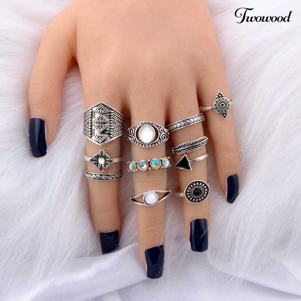 Twowood 10Pcs / Set Cincin Buku Jari Aneka Bentuk Gaya Boho Retro Untuk Wanita