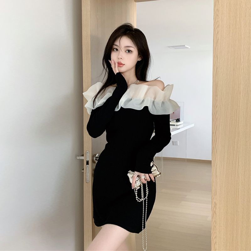 Suhao high-end gaya asing gadis seksi temperamen mengacak-acak satu bahu off-shoulder gaun lengan panjang paket musim gugur pinggul rok wanita