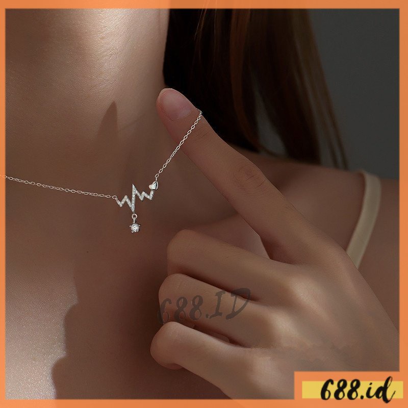 Kalung Rantai Wanita Korea dengan Liontin Detak Jantung Heart Beat Aksen Kristal Berlian Warna Silver Gold Cantik Fashion Necklace Hits NL 15