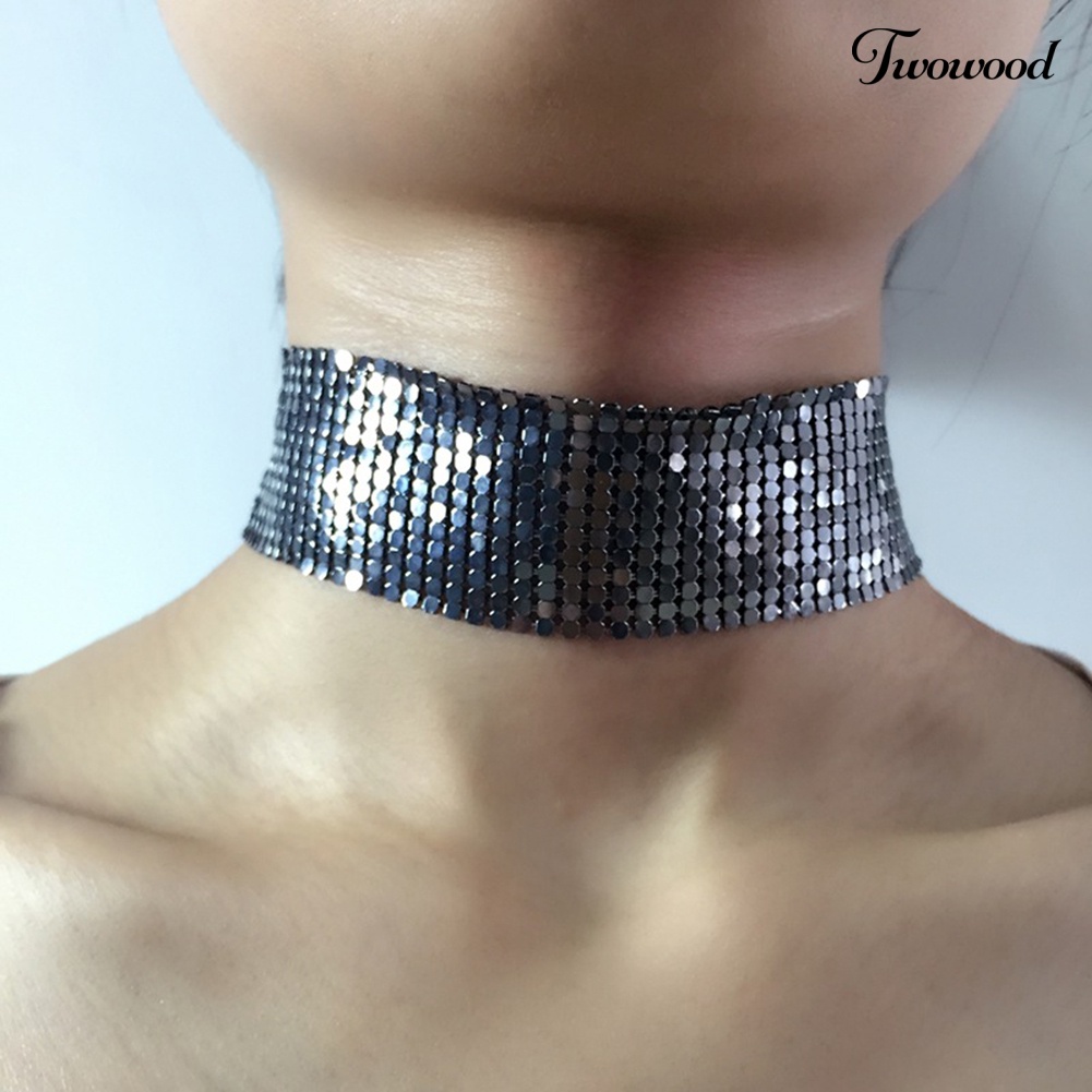 Kalung Choker Model Lebar Bahan Mesh Aksen Payet Gaya Punk Untuk Wanita