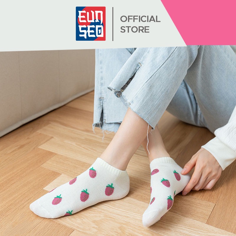 EUNSEO Kaos Kaki Semata Kaki Pendek Fashion Korea Motif Strawberry Merah Kaoskaki Pendek Wanita Premium