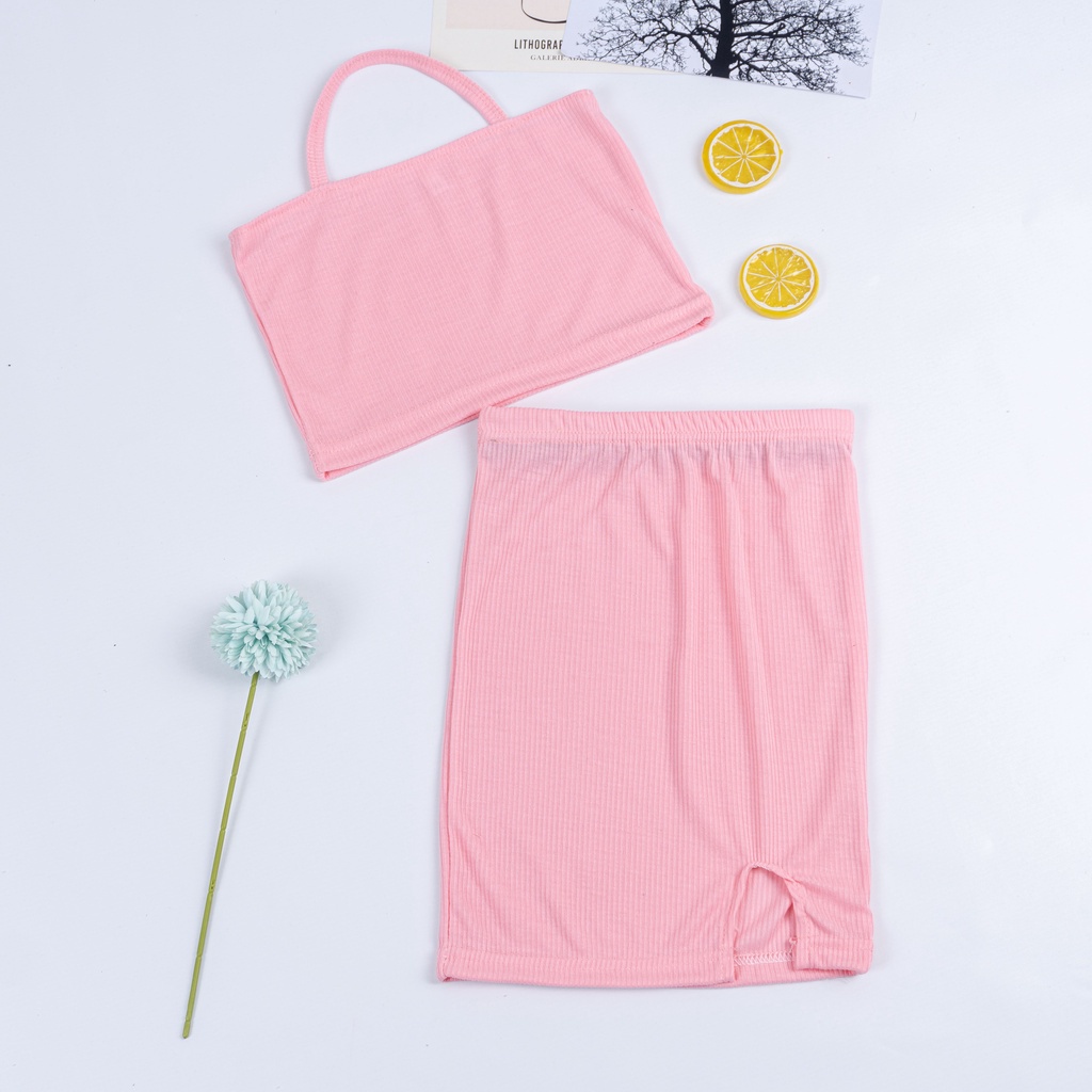 IL - SET HALTER ANAK PEREMPUAN / SETELAN RIB HALTER TOP &amp; SPLIT HEM SKIRT