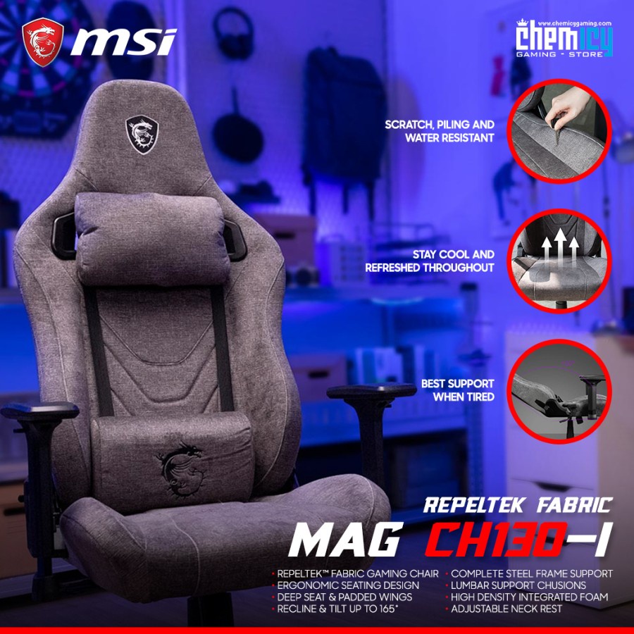 MSI MAG CH130I / CH130-I Repeltek Fabric Gaming Chair / Kursi Gaming