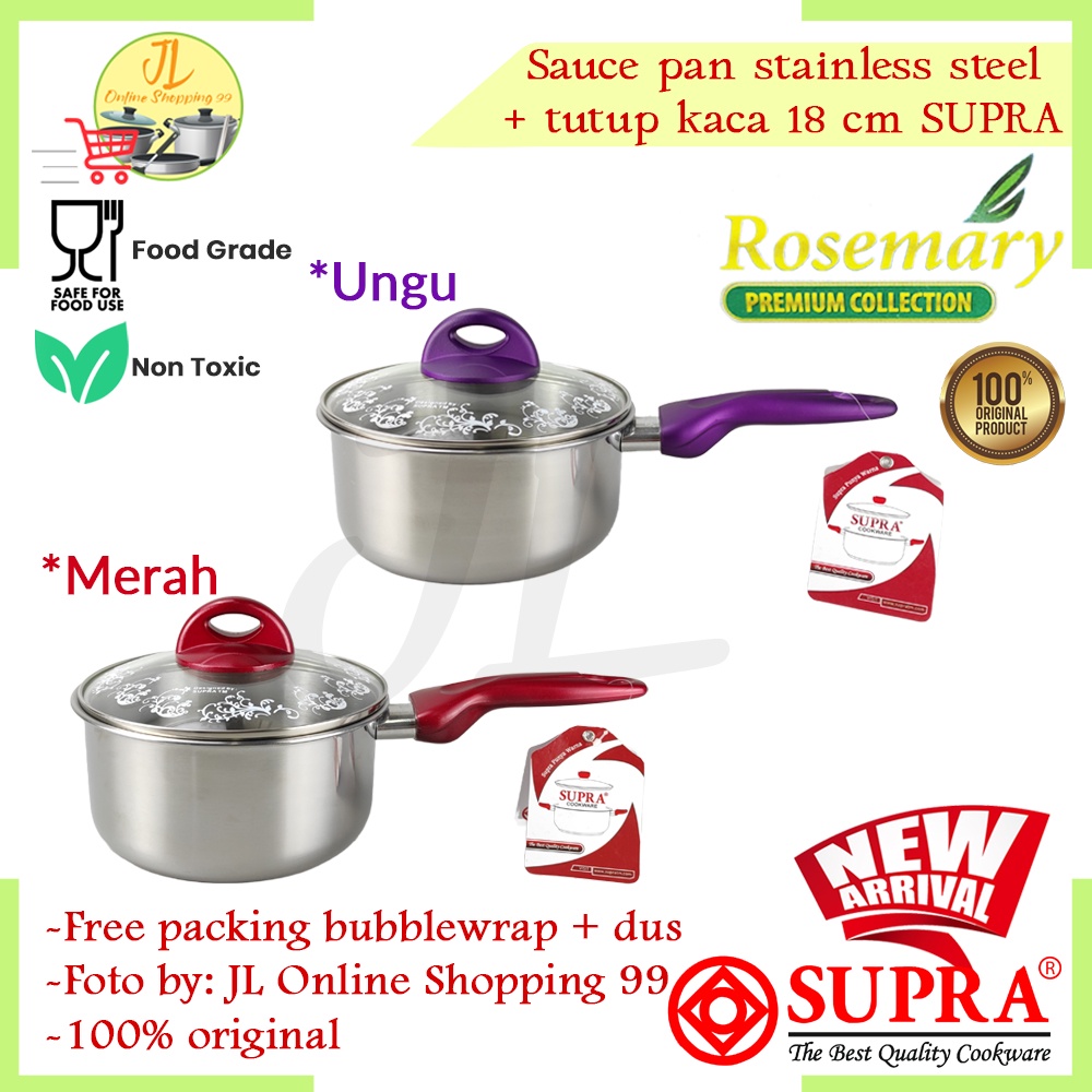 SUPRA panci sauce pan stainless 18 cm + tutup kaca merah dan ungu / panci rebus masak mie