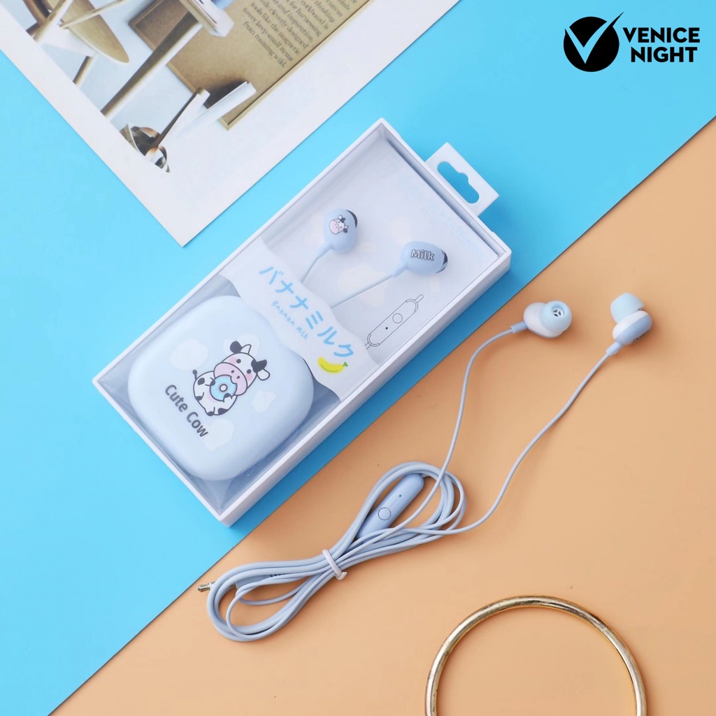 (VNEP) (Berkabel) Earphone Pengurang Kebisingan Universal Lucu 3.5mm Pola Kartun Sapi In-ear Earphone dengan Kotak Penyimpanan untuk Gadis