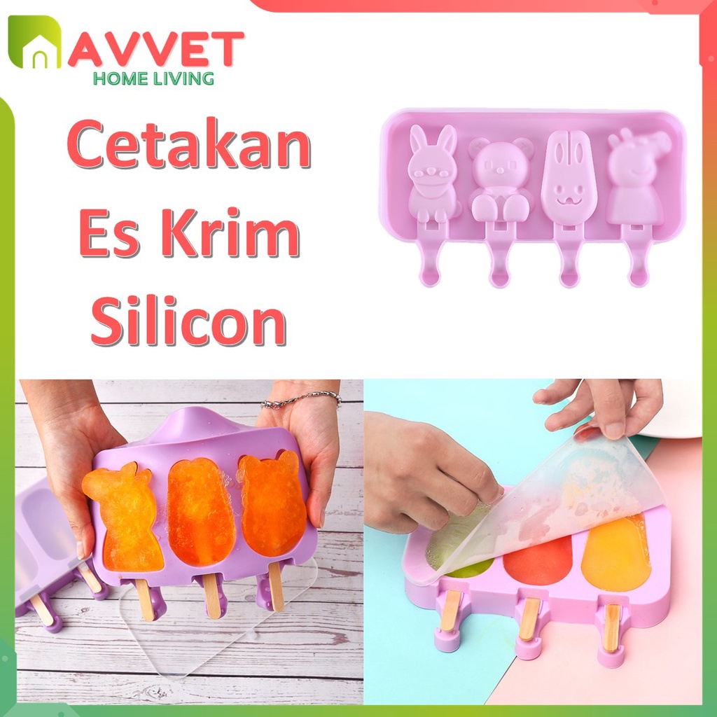 AVVET Cetakan Ice Cream Silicon Cetakan Es Krim Karakter Lucu Popsicle Coklat Kue Cetakan Agar-agar Jelly Mold Silikon Bentuk Hewan