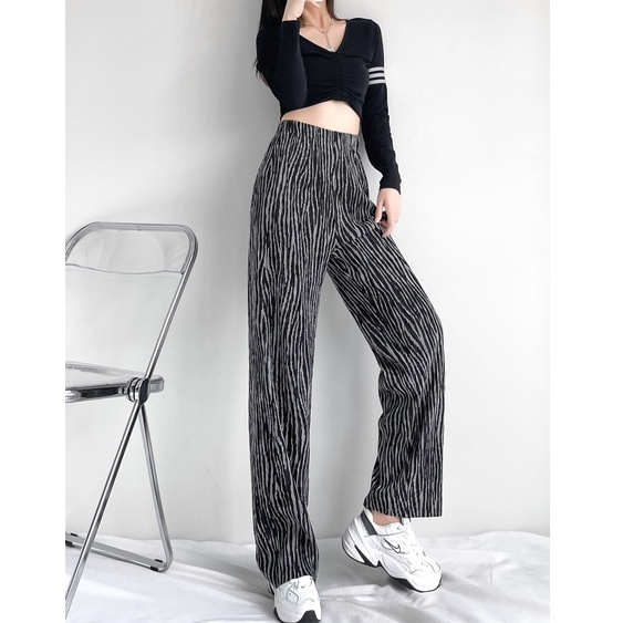 【Blossom】Fashion Striped  Printing High Waist Wide-legged Pants 2433