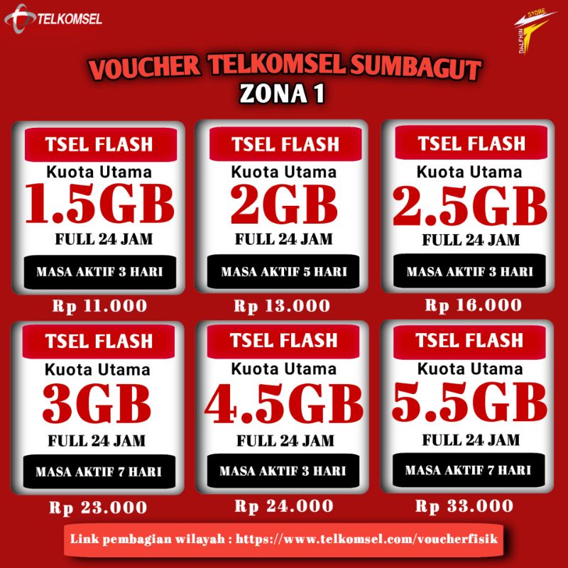 VOUCHER TELKOMSEL WILAYAH SUMBAGUT 1.5GB/5.5GB FULL 24 JAM
