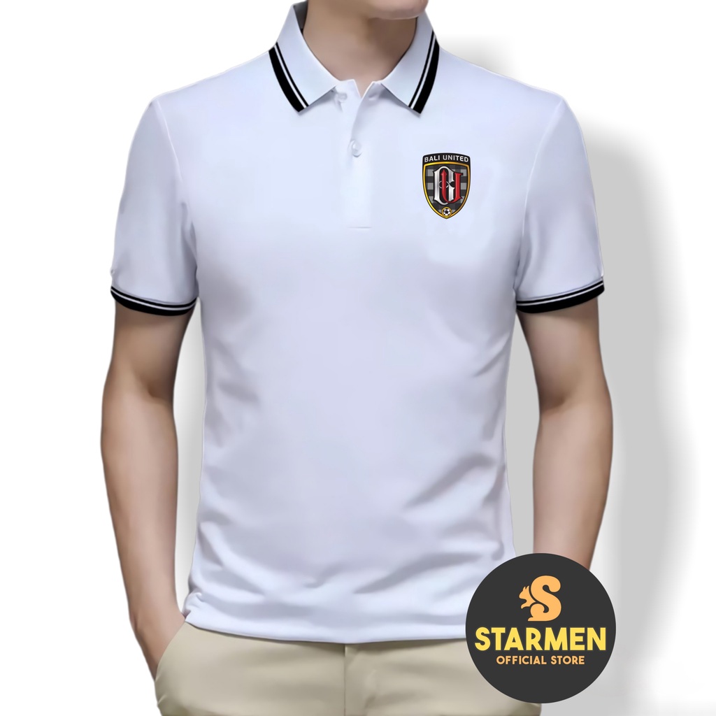 Kaos Polo Shirt Pria Kerah List Putih logo BALI UNITED