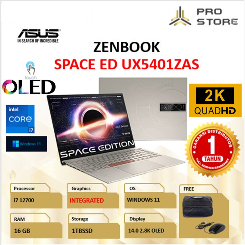 LAPTOP ASUS ZENBOOK SPACE ED UX5401ZAS OLED TOUCH 2.8K i7 12700 RAM 16GB 1TB SSD W11