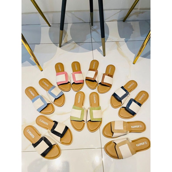 SANDAL KULIT WANITA MODEL KOKOP KOMBINASI AQUILA - TOKO SYAGITA KULIT ASLI GARUT