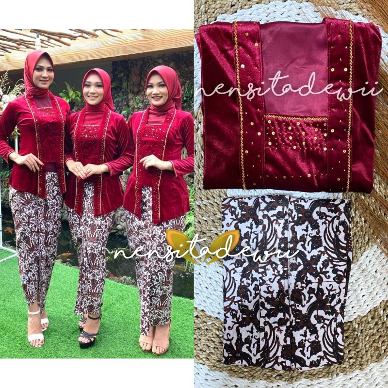 [1 SET] Kebaya Kutubaru Payet + Jarik Instan / DM03G, Nuansa Merah Maroon