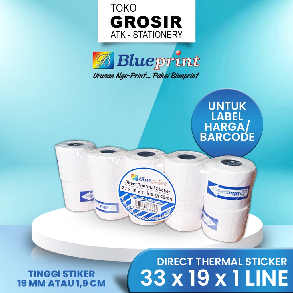 

33x19 (1 PACK) Kertas Thermal Sticker Barcode Stiker Label Termal BLUEPRINT Paper Roll ≈ 58MM