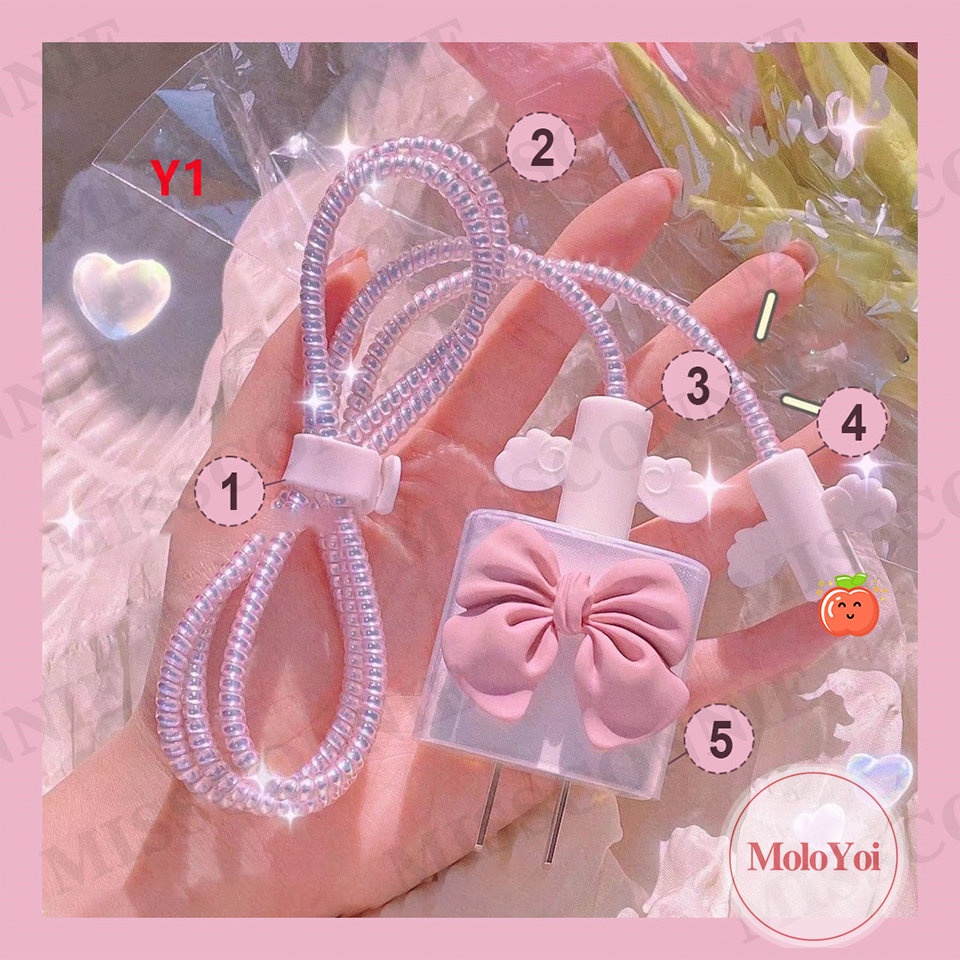 5 IN 1 Pelindung Kabel Data / Charger USB Desain Pita 3D Warna Pink / Ungu Untuk Apple iPhone 18 / 20W