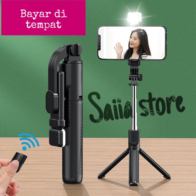 SAIIASTORE Tongsis-Tripod-remot-selfie 4in 1 stick dengan lampu LED paket paket lengkap, banyak fungsi