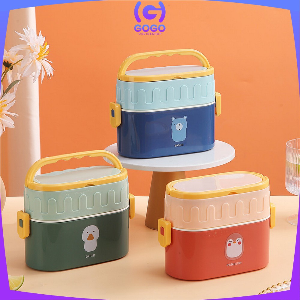 GOGO-C699 Tempat Makan 950ML Box Bento Set 2 Susun Free Sendok Anti Tumpah Dengan Pegangan / Kotak Bekal Tingkat Lunch Box Set Double Layer Portable