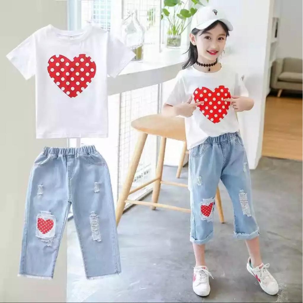 SETELAN BAWAHAN JEANS KEKINIAN/SETELAN KAOS LOVE JEANS PANJANG 1-5 TAHUN