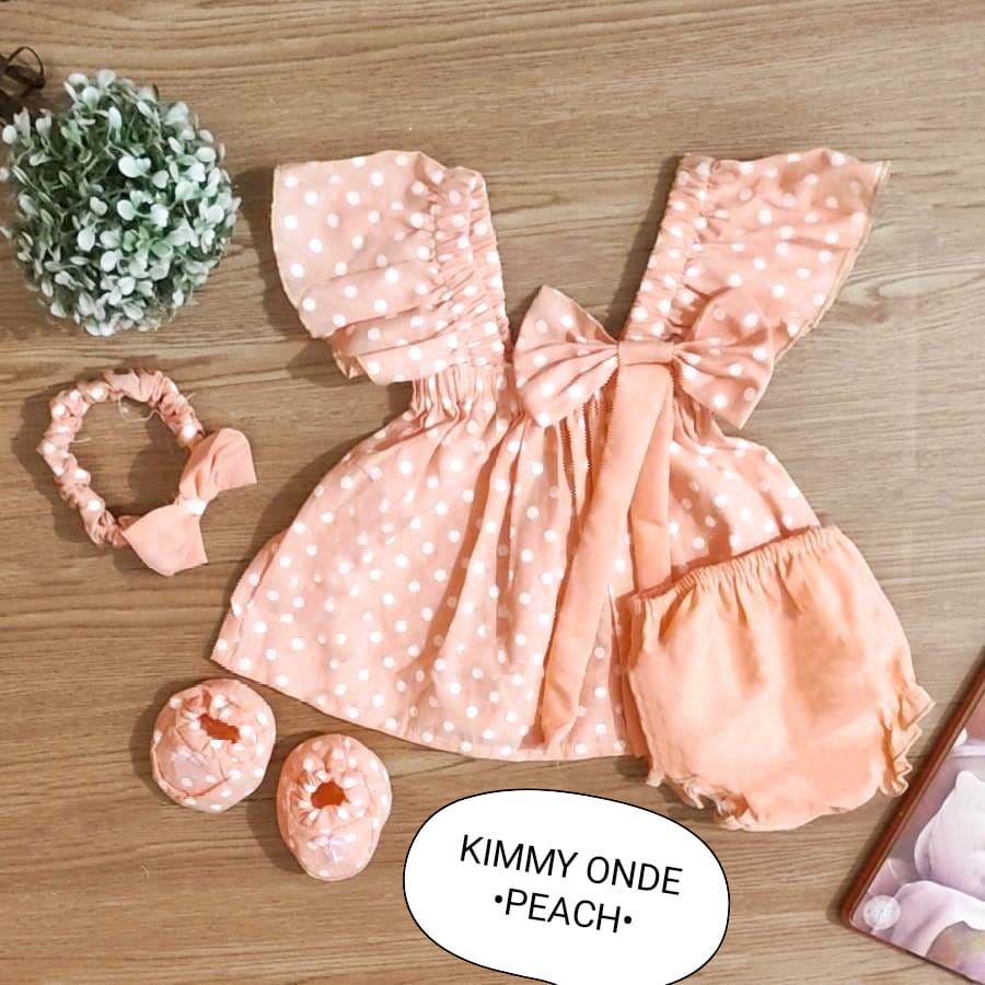 Setelan Baju Anak Bayi Perempuan Atasan Dan Celana Pendek Motif Kimmy Onde cewek Free Sepatu Dan Headband Estimasi Usia 0-6 Bulan