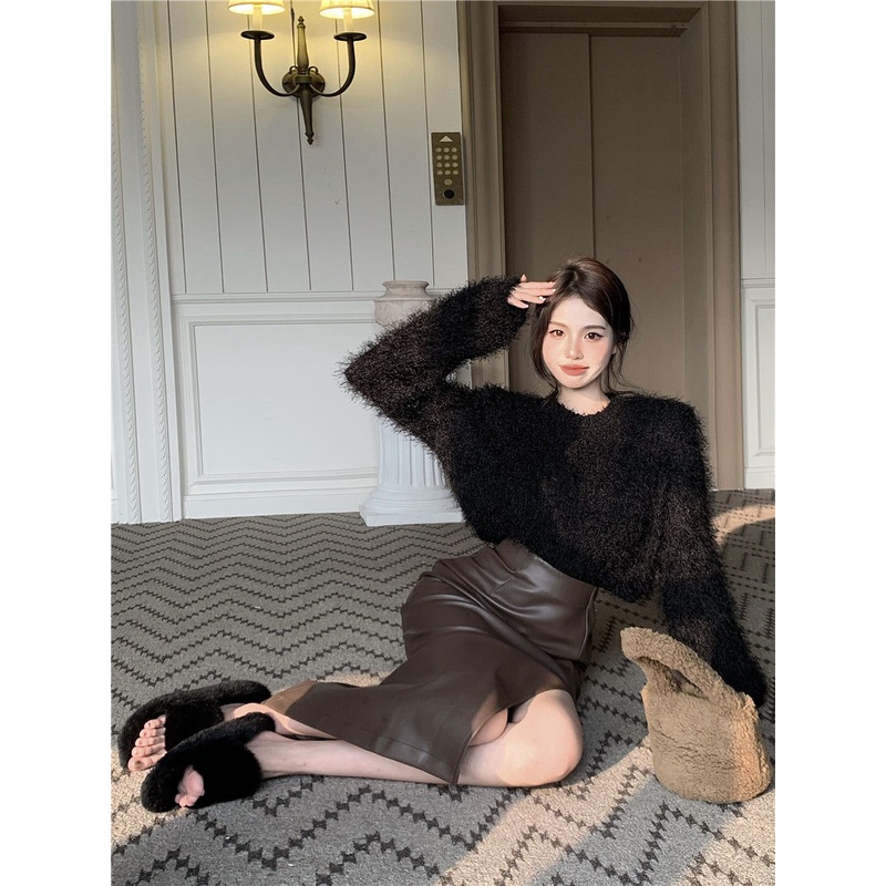 Suhao Hitam Mewah Sweater Wanita Musim Gugur dan Musim Dingin Lembut Lilin Retro Longgar Lengan Panjang Sweater Top Slim Pinggang Tinggi rok