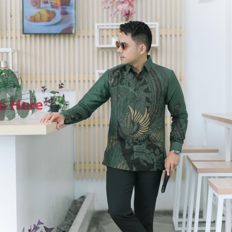 batik pria lengan panjang dobi lasem premium lapis furing motif hijau army