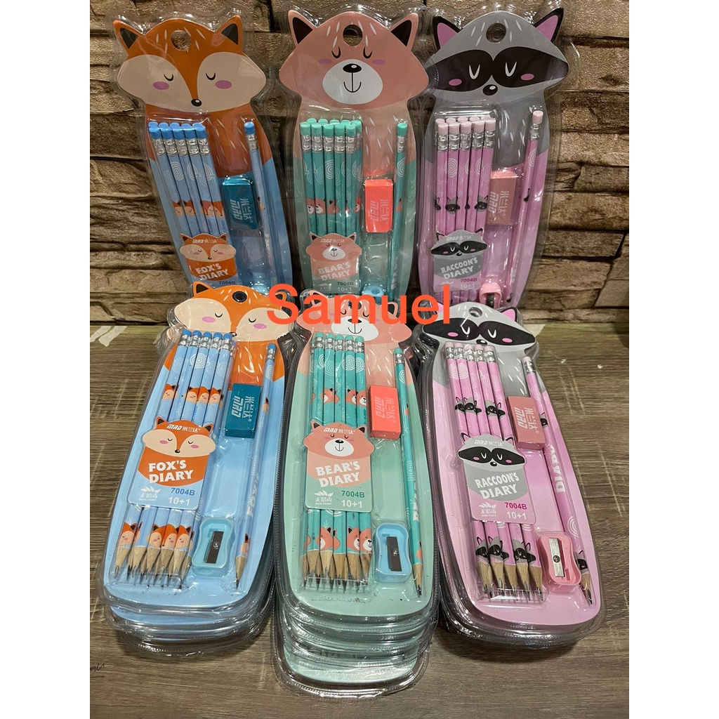 pensil / pensil serut motif set 11pcs bonus rautan penghapus