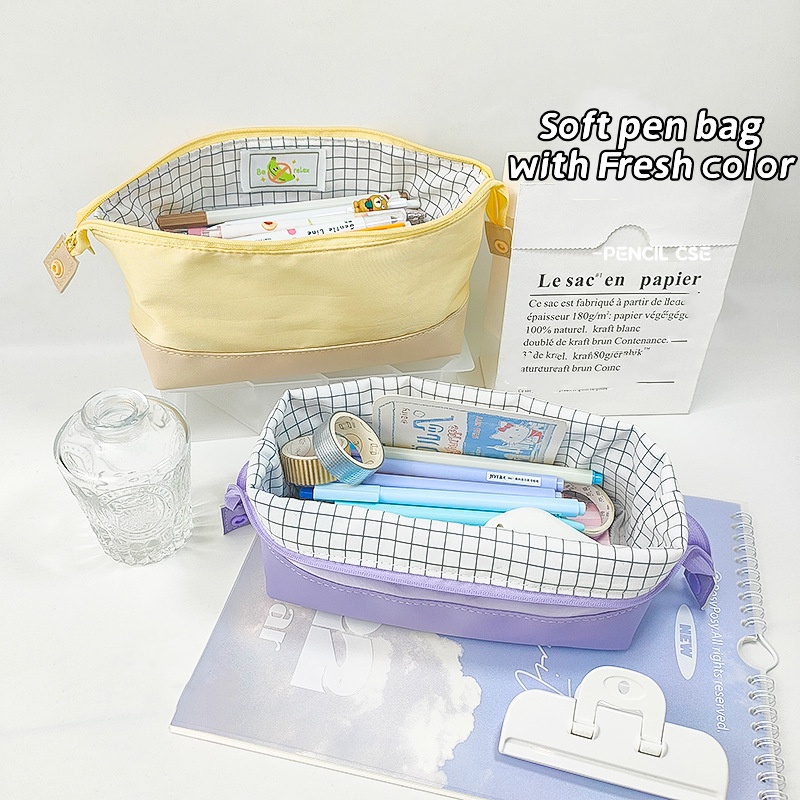 

Large Capacity Makeup Bag Soft Pen Pencil Case Plaid Lining Foldable Handbag Storage Pouch for Stati