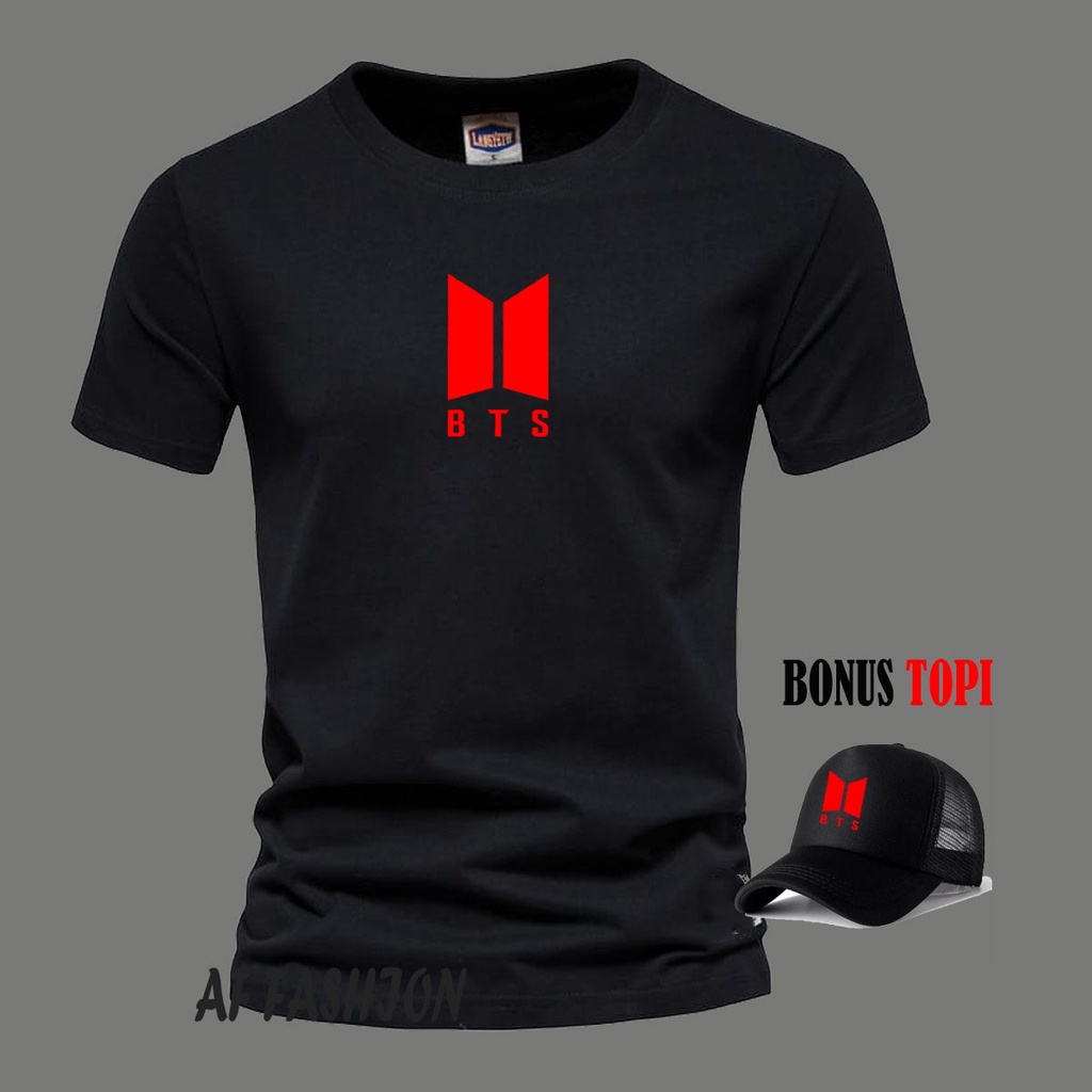 Bonus topi ... Baju Kaos Distro Logo BTS Text Merah Lengan Pendek Premium Quality