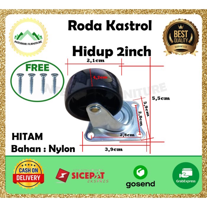 Roda Roda Troli 2 Inch (Putar), Roda Kastor Pvc Nylon (Hidup) Roda Etalase