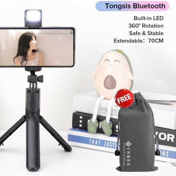 INBEX S03S Tongsis Bluetooth Led Selfie Stick Remote Bright Tripod+bag