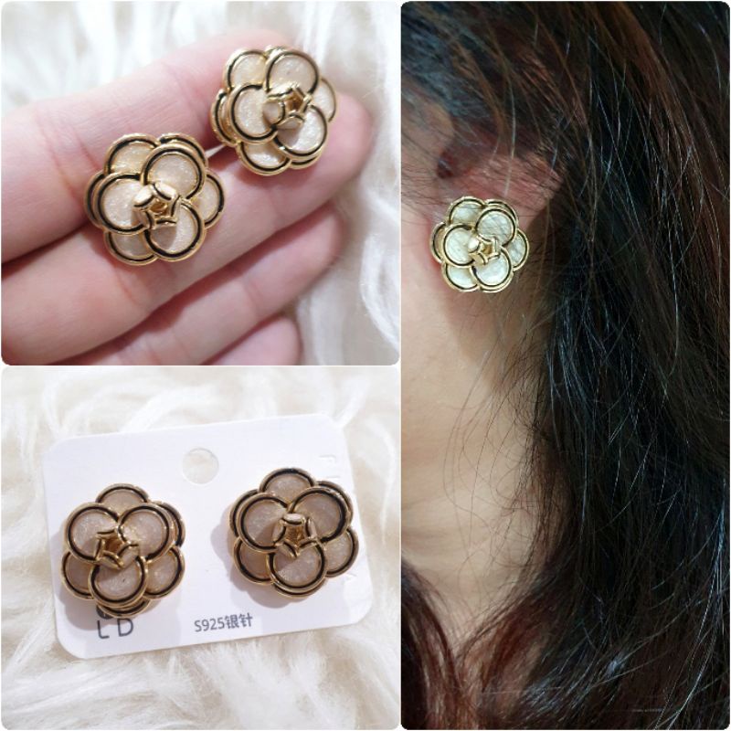 Anting Silver925 perak kilau Premium Quality platgold Motif CH4N3L Bunga Anti Karat Anti Alergi Earring a10