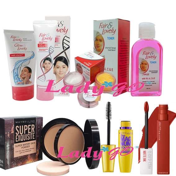 Paket Lengkap Fair &amp; Lovely 4in1 - Facial Foam 50g + Cream Susun Day &amp; Night Cream + Pelembab plus Toner fair &amp; lovely + Bedak Super Equisite 2in1 Mascara Hyper Curl plus Lipstik SuperStay Matte Ink