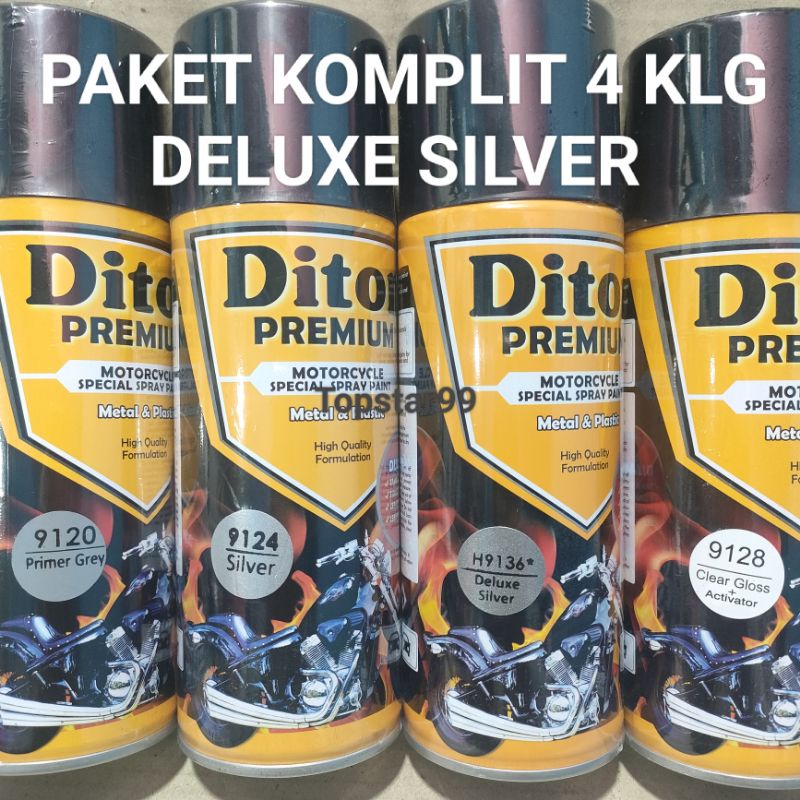 Pilok Cat Diton Premium Paket Lengkap 4 Kaleng Deluxe Silver abu abu 9136 Primer Grey 9120 Silver 9124 Clear Gloss 9128 400cc Pilox Paketan Cat Semprot Special Spray Paint