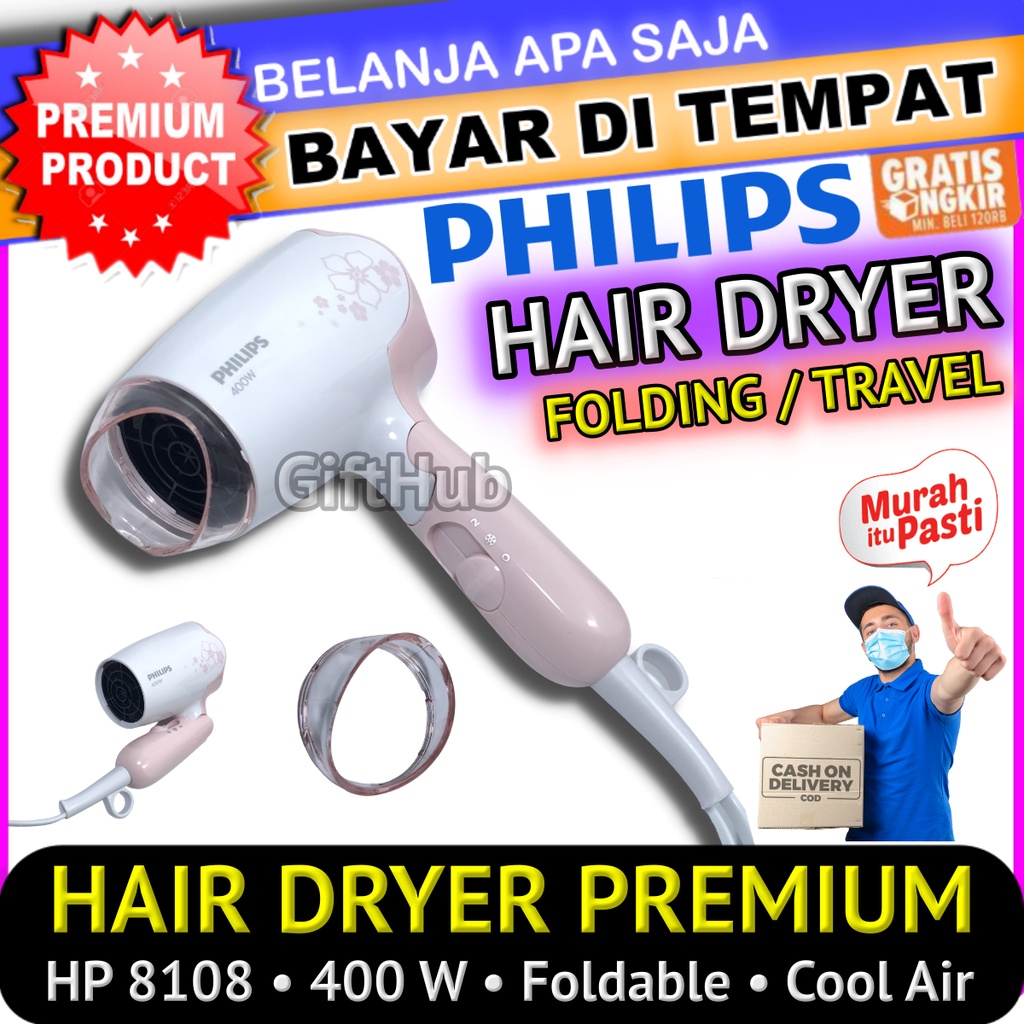 Philips Hair Dryer Premium Lipat Alat Pengering Rambut Professional Folding HairDryer 2 Mode Panas D