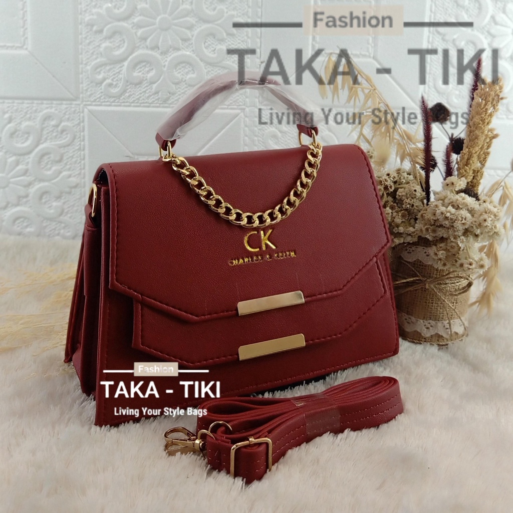 Bayar DiTempat - Tas Selempang Sling Bags CK Wanita Behel TWIN TERBARU Full Acc Import Mewah (Merah)