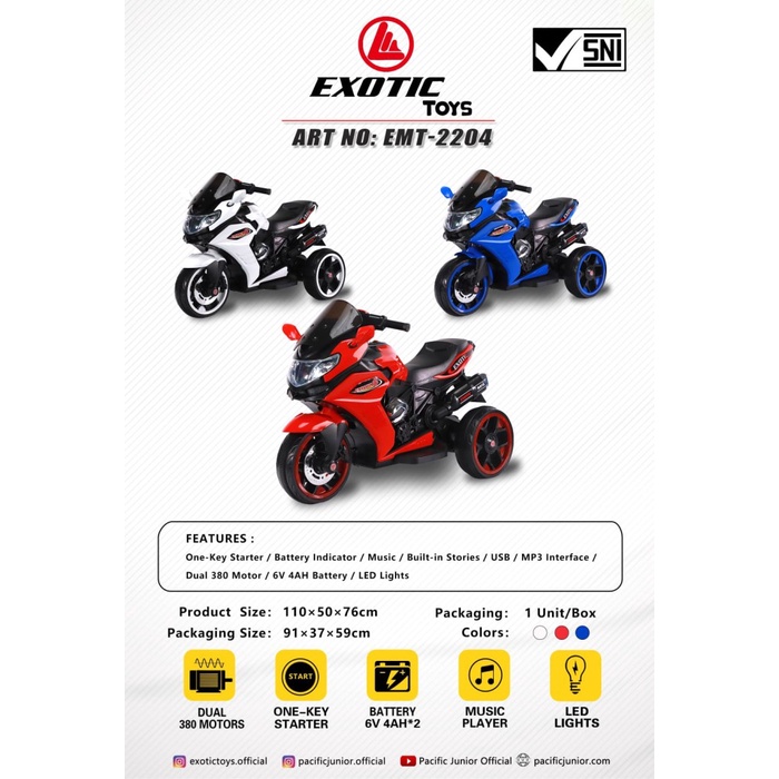 Outdoor Termurah Sepeda Motor Aki Anak Ninja Exotic Emt-2204 (Aki+Charger)