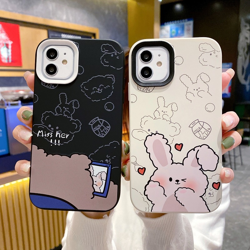 (3 In 1) Soft case Silikon Motif Kelinci / Beruang Untuk iPhone 11 12 13 14 Pro MAX X XR XS MAX 7 8 Plus