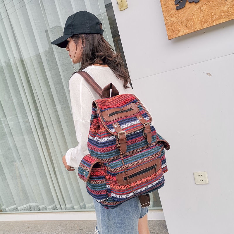 ☈❈●Seraser 2021 tren mode baru warna stripe retro gaya etnik ransel dengan ember ransel tas sekolah siswa