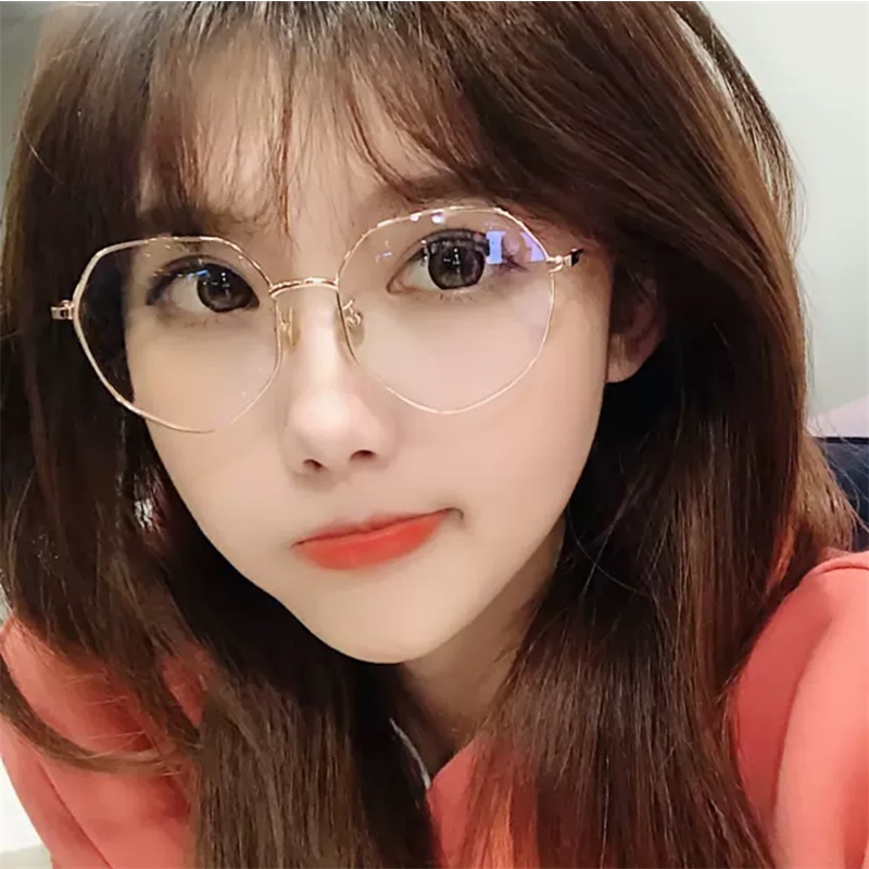 Papaozhu Chic Emas Logam Poligon Kacamata Untuk Wanita Perempuan Korea Cahaya Biru Blocking Lens Glasses Trendy Eyewear